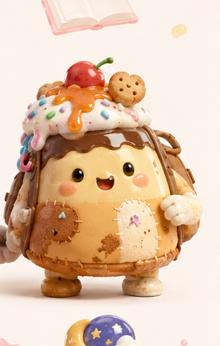 A cookie-textured hedgehog character with a backpack