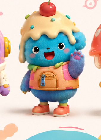 A blue fuzzy cupcake-topped monster character
