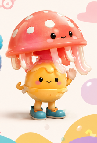 A polka-dotted jellyfish character with a small companion