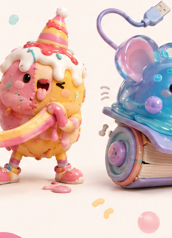 A curious mouse character riding a book