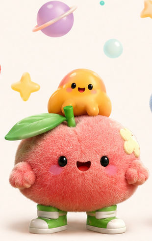 A fuzzy peach character with a tiny friend on top, part of the 3LK crew