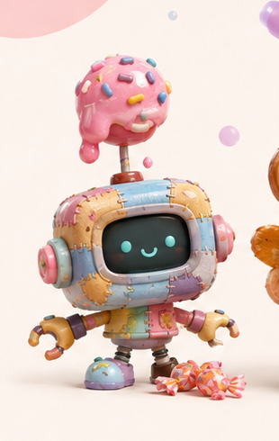 A candy-topped robot character