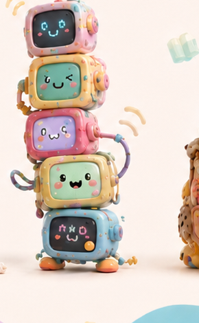 A stack of five smiling robot friends