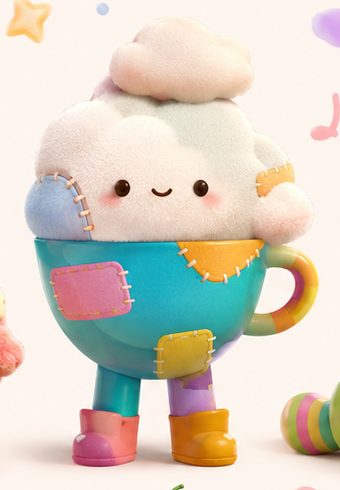 A cloud character sitting in a stitched teacup