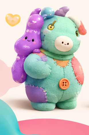 A mint-colored unicorn-goat plush character