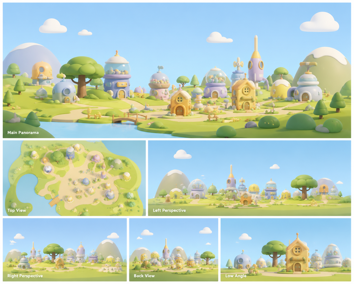 Preview art for the Tiny Worlds collection, a pastel village